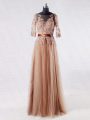 Lace and Appliques Mother Of The Bride Dress Brown Zipper Half Sleeves Floor Length