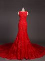 Custom Design Court Train Mermaid Evening Wear Red Scoop Lace Sleeveless Backless