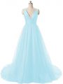 Chic Aqua Blue Sleeveless Brush Train Ruching Prom Party Dress