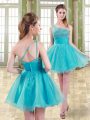 Beautiful Mini Length Zipper Prom Dress Aqua Blue for Prom and Party and Sweet 16 with Beading