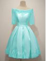 Top Selling Half Sleeves Knee Length Lace Lace Up Bridesmaid Dress with Aqua Blue