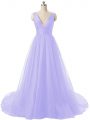 Lavender A-line Ruching Ball Gown Prom Dress Backless Organza Sleeveless