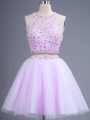 Two Pieces Quinceanera Court Dresses Lilac Scoop Tulle Sleeveless Knee Length Lace Up