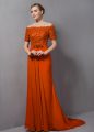 Short Sleeves Chiffon Sweep Train Zipper Mother Of The Bride Dress in Orange with Lace