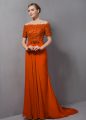Short Sleeves Chiffon Sweep Train Zipper Mother Of The Bride Dress in Orange with Lace