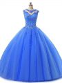 Fitting Blue Ball Gowns Tulle Scoop Sleeveless Beading and Lace Floor Length Lace Up Vestidos de Quinceanera