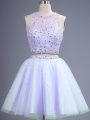 Chic Lavender Tulle Lace Up Bridesmaid Gown Sleeveless Knee Length Beading