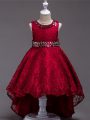 Wine Red Lace Up Little Girls Pageant Dress Beading Sleeveless High Low