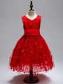 High Low Wine Red Kids Pageant Dress Tulle Sleeveless Appliques