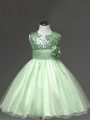 Apple Green Girls Pageant Dresses Wedding Party with Sequins and Hand Made Flower Scoop Sleeveless Zipper