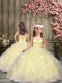 Sleeveless Tulle Floor Length Lace Up Pageant Gowns For Girls in Light Yellow with Beading and Ruffles