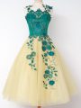 Most Popular Sleeveless Lace Up Knee Length Appliques Quinceanera Court Dresses