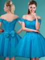 Clearance Off The Shoulder Cap Sleeves Bridesmaid Dress Knee Length Lace and Belt Aqua Blue Tulle