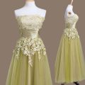 Strapless Sleeveless Lace Up Bridesmaid Dresses Olive Green Tulle