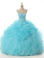Vintage Aqua Blue Ball Gowns Sweetheart Sleeveless Organza Floor Length Lace Up Beading and Ruffled Layers Ball Gown Prom Dress