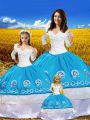 Blue And White Quince Ball Gowns Military Ball and Sweet 16 and Quinceanera with Embroidery Off The Shoulder 3 4 Length Sleeve Lace Up