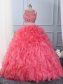 Sleeveless Floor Length Beading and Ruffles Lace Up Quince Ball Gowns with Hot Pink