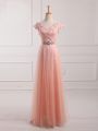 Short Sleeves Tulle and Lace Floor Length Lace Up Mother Of The Bride Dress in Peach with Beading and Lace and Appliques