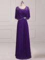 Floor Length Purple Mother Of The Bride Dress Lace Sleeveless Beading and Appliques