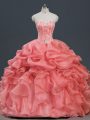 Custom Designed Watermelon Red Sleeveless Organza Lace Up Ball Gown Prom Dress for Sweet 16 and Quinceanera
