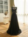 Black Sleeveless Lace and Appliques Floor Length Celebrity Prom Dress