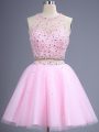 Rose Pink Two Pieces Beading Bridesmaid Dress Lace Up Tulle Sleeveless Knee Length