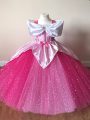 Fuchsia Ball Gowns Sequins Pageant Gowns For Girls Zipper Tulle Short Sleeves Floor Length