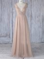 Elegant Peach Zipper V-neck Lace Bridesmaids Dress Tulle Sleeveless
