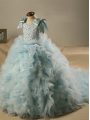 Admirable Light Blue Pageant Gowns For Girls Tulle Brush Train Sleeveless Beading and Ruffles and Bowknot