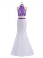 Cheap Floor Length Two Pieces Sleeveless White And Purple Prom Dresses Criss Cross