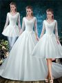 Lace and Belt Bridal Gown White Lace Up 3 4 Length Sleeve Court Train
