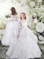 Modern White Tulle Lace Up Flower Girl Dresses for Less Half Sleeves Brush Train Lace and Ruffles