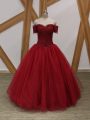 Wine Red Ball Gowns Off The Shoulder Sleeveless Tulle Floor Length Lace Up Appliques Ball Gown Prom Dress