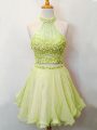 Affordable Yellow Green Organza Lace Up Bridesmaids Dress Sleeveless Knee Length Beading