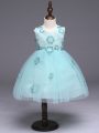 Knee Length Apple Green Girls Pageant Dresses Tulle Sleeveless Appliques and Bowknot