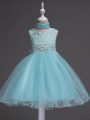 Sleeveless Knee Length Beading and Lace Zipper Little Girls Pageant Dress Wholesale with Aqua Blue