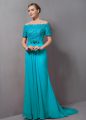 Charming Aqua Blue Mother Of The Bride Dress Off The Shoulder Short Sleeves Sweep Train Zipper
