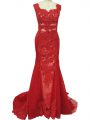 Unique Red Tulle Zipper Mother Of The Bride Dress Sleeveless Brush Train Lace