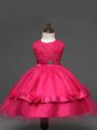 Customized Scoop Sleeveless Little Girls Pageant Dress Wholesale Knee Length Lace and Bowknot Hot Pink Tulle