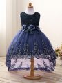 High Quality Navy Blue Ball Gowns Tulle Scoop Sleeveless Lace and Appliques and Bowknot and Hand Made Flower High Low Zipper Girls Pageant Dresses