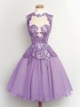 Spectacular Lavender A-line High-neck Sleeveless Chiffon Knee Length Lace Up Lace Bridesmaid Dresses