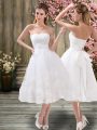 Sweetheart Sleeveless Bridal Gown Tea Length Appliques and Embroidery and Belt White Organza