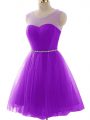 Custom Fit Scoop Sleeveless Evening Dress Mini Length Beading and Ruching Purple Tulle
