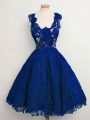Custom Design Lace Straps Sleeveless Lace Up Lace Bridesmaid Gown in Royal Blue