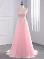 Baby Pink Chiffon Side Zipper V-neck Sleeveless Teens Party Dress Brush Train Appliques