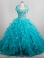 Stunning Sleeveless Brush Train Beading and Ruffles Lace Up 15th Birthday Dress