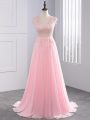 Baby Pink Homecoming Dress Prom and Party with Lace and Appliques V-neck Sleeveless Brush Train Side Zipper