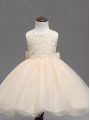 Champagne Ball Gowns Lace and Bowknot Little Girls Pageant Dress Wholesale Backless Organza Sleeveless Knee Length