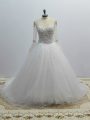 Colorful White Wedding Dresses Wedding Party with Beading Scoop Long Sleeves Brush Train Lace Up