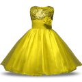 Noble Yellow Sleeveless Knee Length Bowknot and Belt and Hand Made Flower Zipper Flower Girl Dress